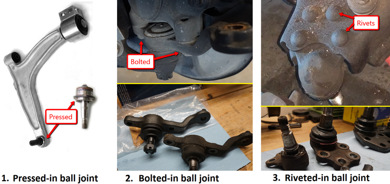 Some common ball joint configurations found in cars and trucks.